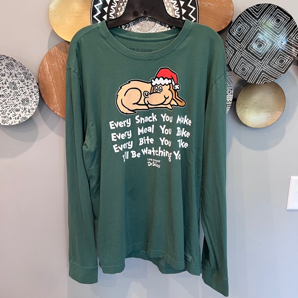 Life is Good Dr Seuss Max Dog Christmas Long Sleeve Shirt Mens Large Green